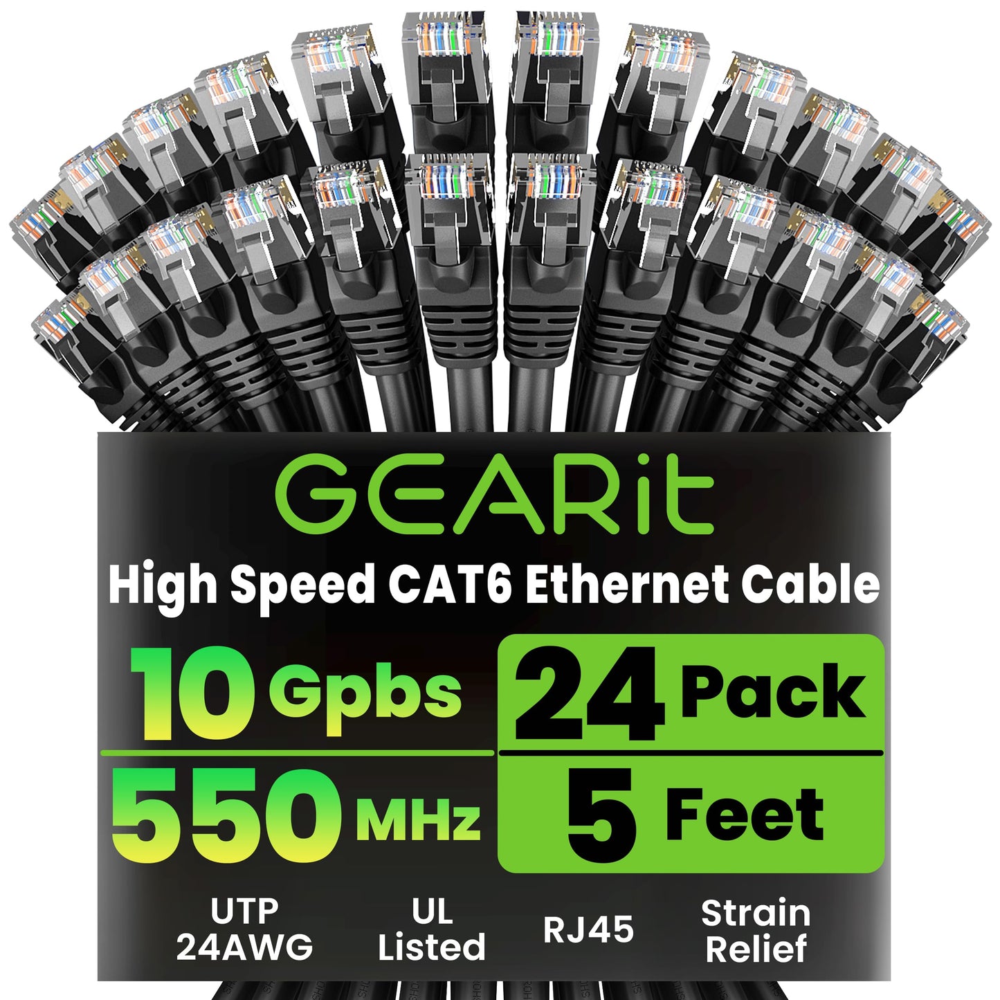 GEARit Cat 6 Ethernet Patch Cables 1 ft Yellow (Cat 6 Ethernet Cables 1 ft 24-Pack), High Speed 24AWG 10Gbps RJ45 Snagless Gold-Plated, Ethernet Cable for Router, Switch, PC, PS5 Gaming, Server