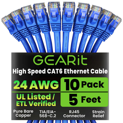GEARit Cat 6 Ethernet Cable (20-Pack 5 Feet) Cat6 Network Patch, 10Gbps, RJ45, Snagless Cord, Gold-Plated Connectors, Internet for PC, TV, Tablet, Router, Printer, Servers, IT Data Center - Yellow
