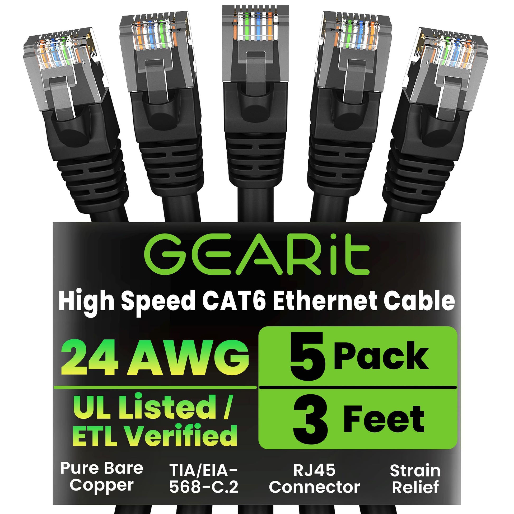 GEARit Cat 6 Ethernet Patch Cable 10 ft Black (10 Pack) Cat6 Patch Cables 10ft Black/Ethernet Patch Cable, 10Gbps 550MHz 24AWG Pure Copper, Snagless, Gold Plated RJ45 for Router, Server, Router, PC