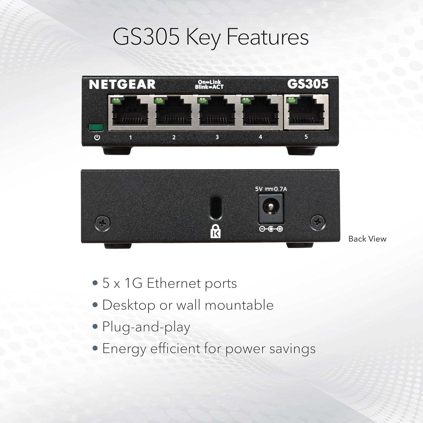 NETGEAR 5-Port Gigabit Ethernet Unmanaged Essentials Switch (GS305) - Home Network Hub, Office Ethernet Splitter, Plug-and-Play, Silent Operation, Desktop or Wall Mount
