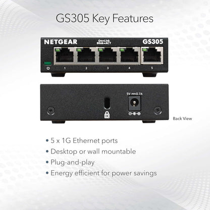 NETGEAR 5-Port Gigabit Ethernet Unmanaged Essentials Switch (GS305) - Home Network Hub, Office Ethernet Splitter, Plug-and-Play, Silent Operation, Desktop or Wall Mount