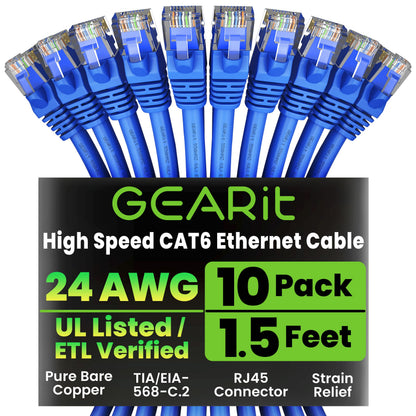 GEARit Cat 6 Ethernet Cable (20-Pack 5 Feet) Cat6 Network Patch, 10Gbps, RJ45, Snagless Cord, Gold-Plated Connectors, Internet for PC, TV, Tablet, Router, Printer, Servers, IT Data Center - Yellow