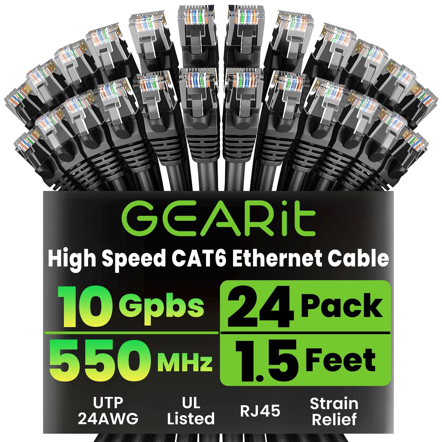 GEARit Cat 6 Ethernet Patch Cables 1 ft Yellow (Cat 6 Ethernet Cables 1 ft 24-Pack), High Speed 24AWG 10Gbps RJ45 Snagless Gold-Plated, Ethernet Cable for Router, Switch, PC, PS5 Gaming, Server