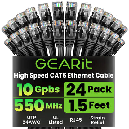 GEARit Cat 6 Ethernet Patch Cables 1 ft Yellow (Cat 6 Ethernet Cables 1 ft 24-Pack), High Speed 24AWG 10Gbps RJ45 Snagless Gold-Plated, Ethernet Cable for Router, Switch, PC, PS5 Gaming, Server