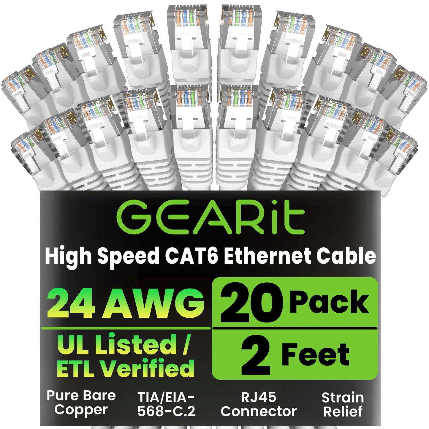 GEARit Cat 6 Ethernet Patch Cable 10 ft Black (10 Pack) Cat6 Patch Cables 10ft Black/Ethernet Patch Cable, 10Gbps 550MHz 24AWG Pure Copper, Snagless, Gold Plated RJ45 for Router, Server, Router, PC