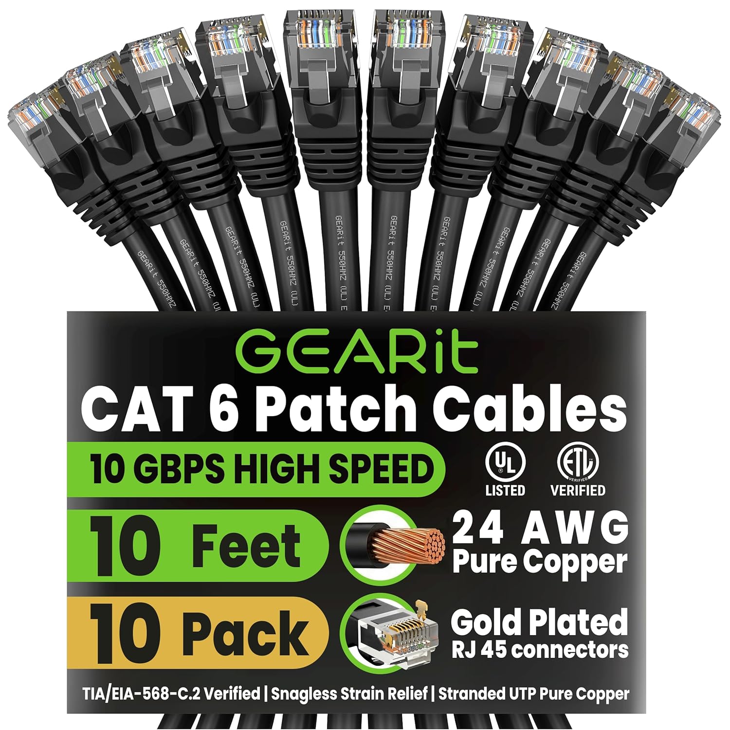 GEARit Cat 6 Ethernet Patch Cable 10 ft Black (10 Pack) Cat6 Patch Cables 10ft Black/Ethernet Patch Cable, 10Gbps 550MHz 24AWG Pure Copper, Snagless, Gold Plated RJ45 for Router, Server, Router, PC