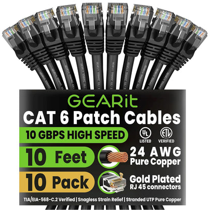GEARit Cat 6 Ethernet Patch Cable 10 ft Black (10 Pack) Cat6 Patch Cables 10ft Black/Ethernet Patch Cable, 10Gbps 550MHz 24AWG Pure Copper, Snagless, Gold Plated RJ45 for Router, Server, Router, PC
