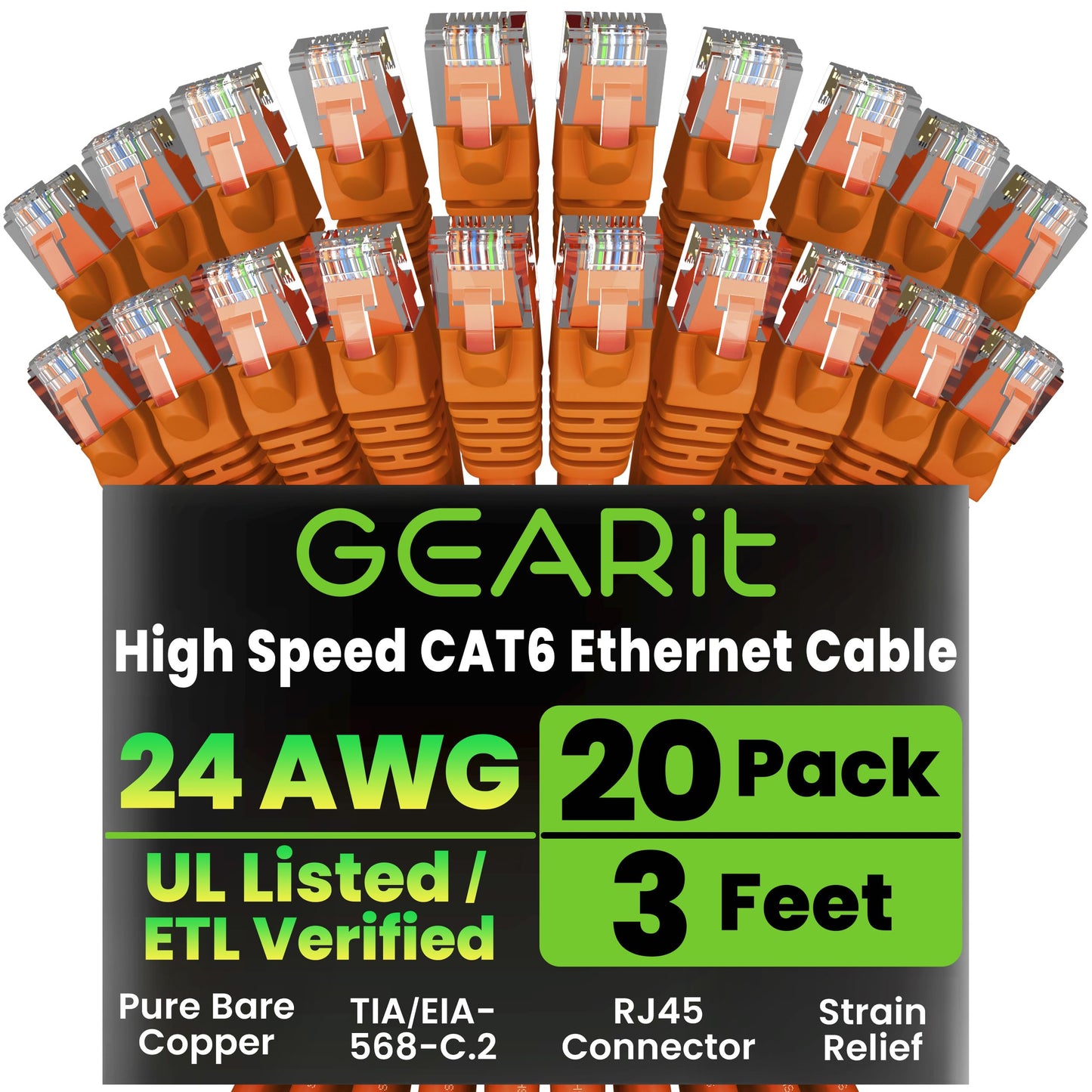 GEARit Cat 6 Ethernet Cable (20-Pack 5 Feet) Cat6 Network Patch, 10Gbps, RJ45, Snagless Cord, Gold-Plated Connectors, Internet for PC, TV, Tablet, Router, Printer, Servers, IT Data Center - Yellow