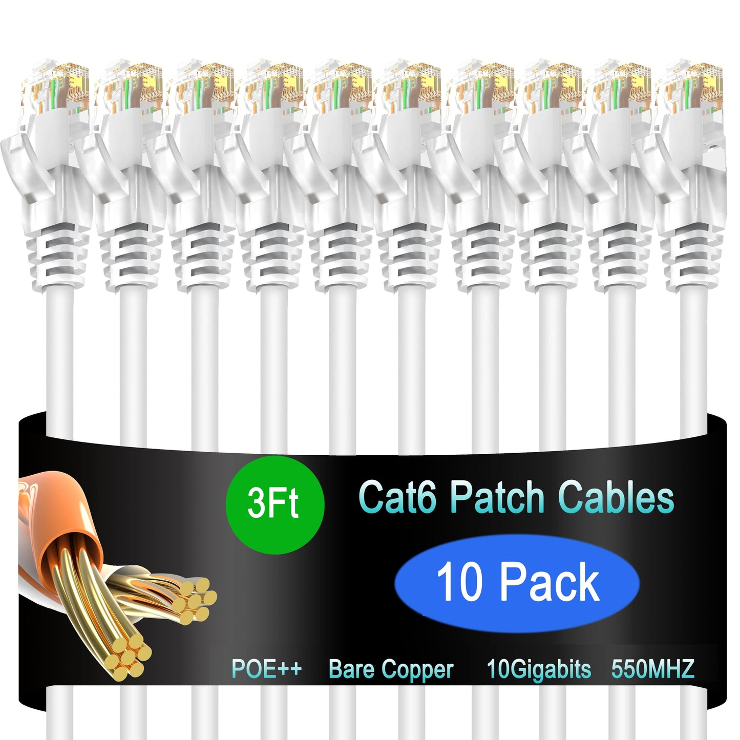 Cat6 Ethernet Patch Cable 6 ft (10 Pack), Cat6 Patch Cable for Data Centers, Cat 6 Patch Cable 10G, Network Patch Cables for Home and Enterprise Network -Black