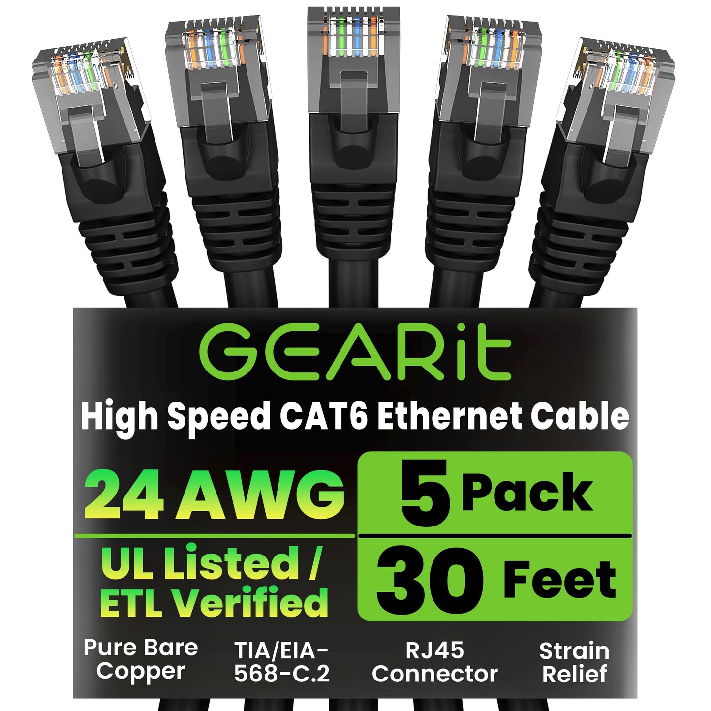 GEARit Cat 6 Ethernet Patch Cable 10 ft Black (10 Pack) Cat6 Patch Cables 10ft Black/Ethernet Patch Cable, 10Gbps 550MHz 24AWG Pure Copper, Snagless, Gold Plated RJ45 for Router, Server, Router, PC