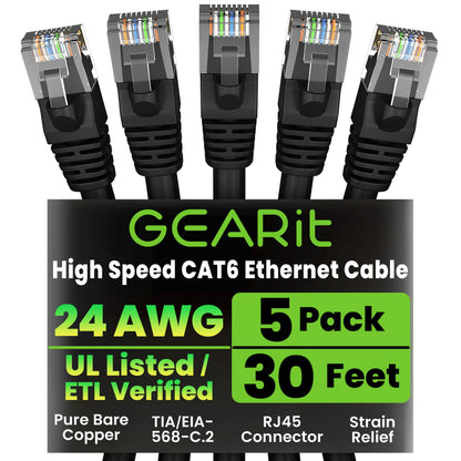 GEARit Cat 6 Ethernet Patch Cable 10 ft Black (10 Pack) Cat6 Patch Cables 10ft Black/Ethernet Patch Cable, 10Gbps 550MHz 24AWG Pure Copper, Snagless, Gold Plated RJ45 for Router, Server, Router, PC