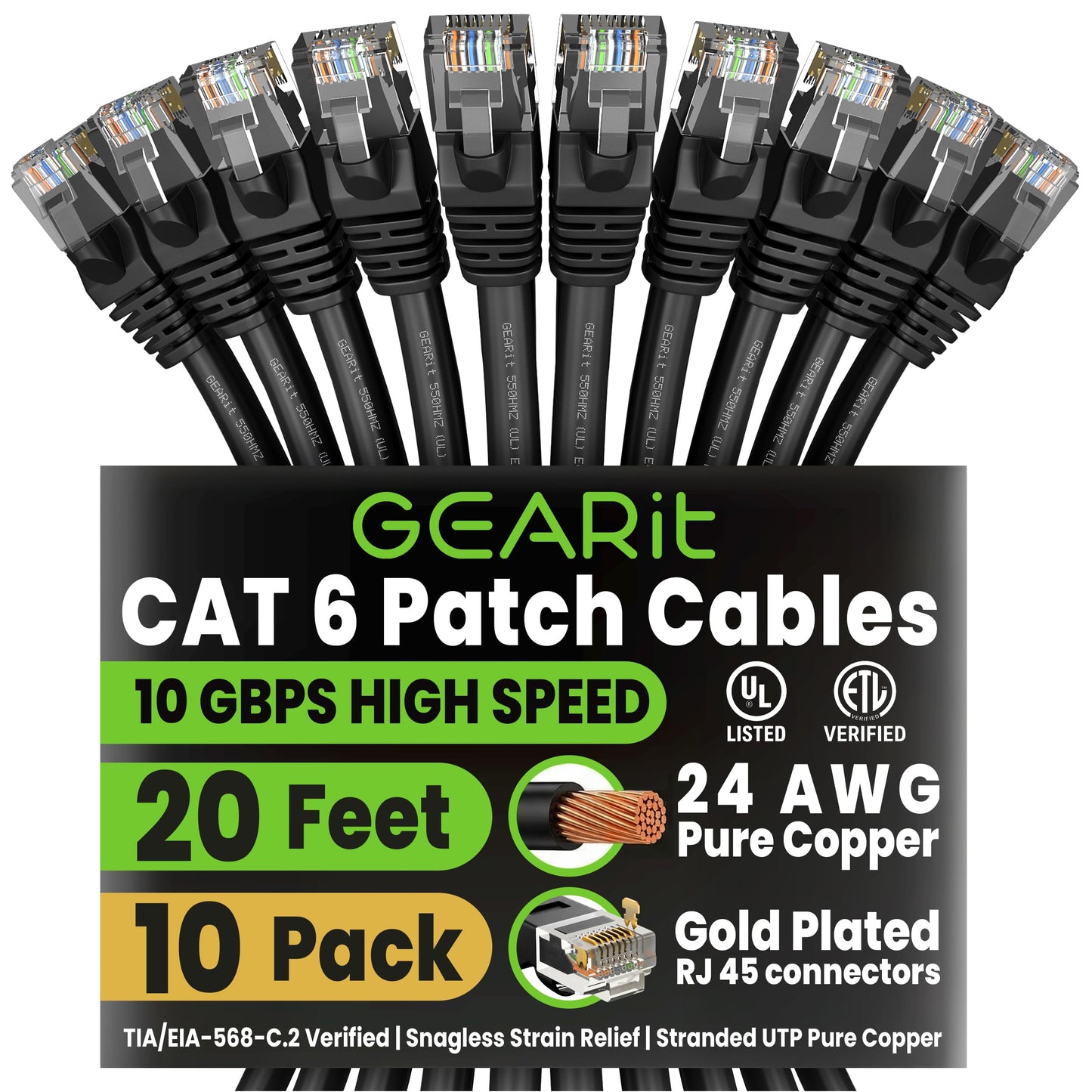 GEARit Cat 6 Ethernet Patch Cable 10 ft Black (10 Pack) Cat6 Patch Cables 10ft Black/Ethernet Patch Cable, 10Gbps 550MHz 24AWG Pure Copper, Snagless, Gold Plated RJ45 for Router, Server, Router, PC