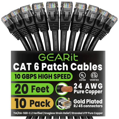 GEARit Cat 6 Ethernet Patch Cable 10 ft Black (10 Pack) Cat6 Patch Cables 10ft Black/Ethernet Patch Cable, 10Gbps 550MHz 24AWG Pure Copper, Snagless, Gold Plated RJ45 for Router, Server, Router, PC