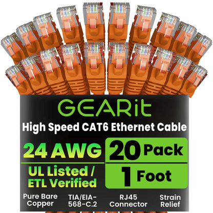 GEARit Cat 6 Ethernet Cable (20-Pack 5 Feet) Cat6 Network Patch, 10Gbps, RJ45, Snagless Cord, Gold-Plated Connectors, Internet for PC, TV, Tablet, Router, Printer, Servers, IT Data Center - Yellow