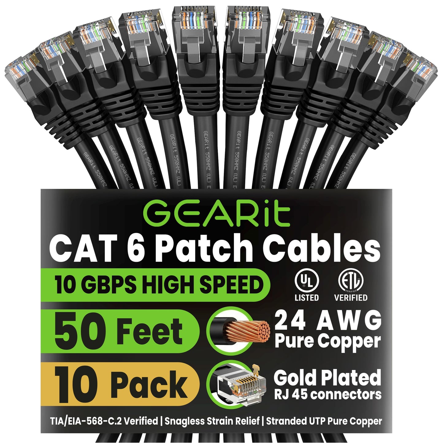 GEARit Cat 6 Ethernet Patch Cable 10 ft Black (10 Pack) Cat6 Patch Cables 10ft Black/Ethernet Patch Cable, 10Gbps 550MHz 24AWG Pure Copper, Snagless, Gold Plated RJ45 for Router, Server, Router, PC