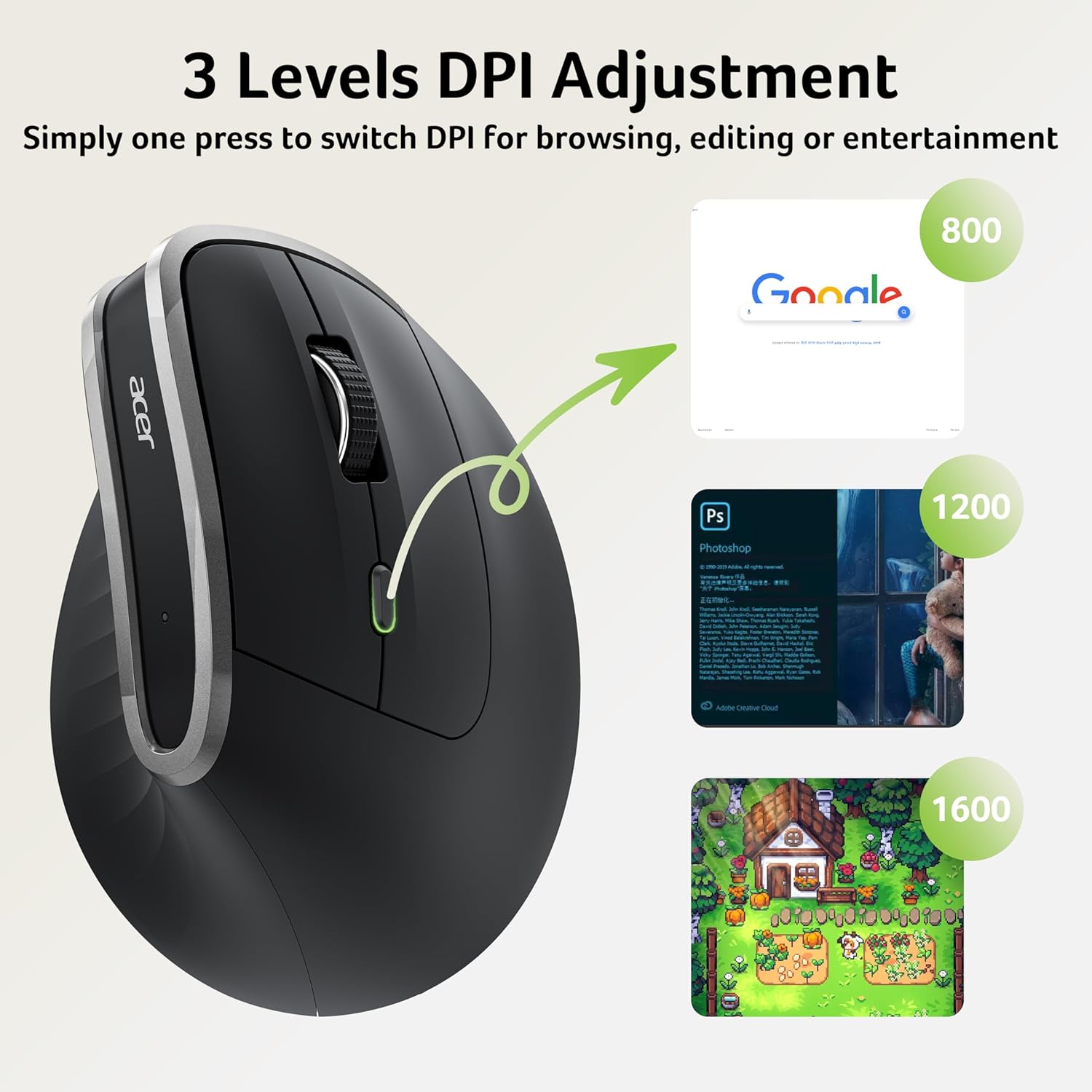 Acer Ergonomic Mouse Wireless, Vertical Computer Mouse for Office, Ergo Mice Rechargeable for Medium to Large Sized Hands, 2.4GHz USB Receiver, 800/1200/1600 DPI, 6 Buttons for Laptop, PC and Desktop