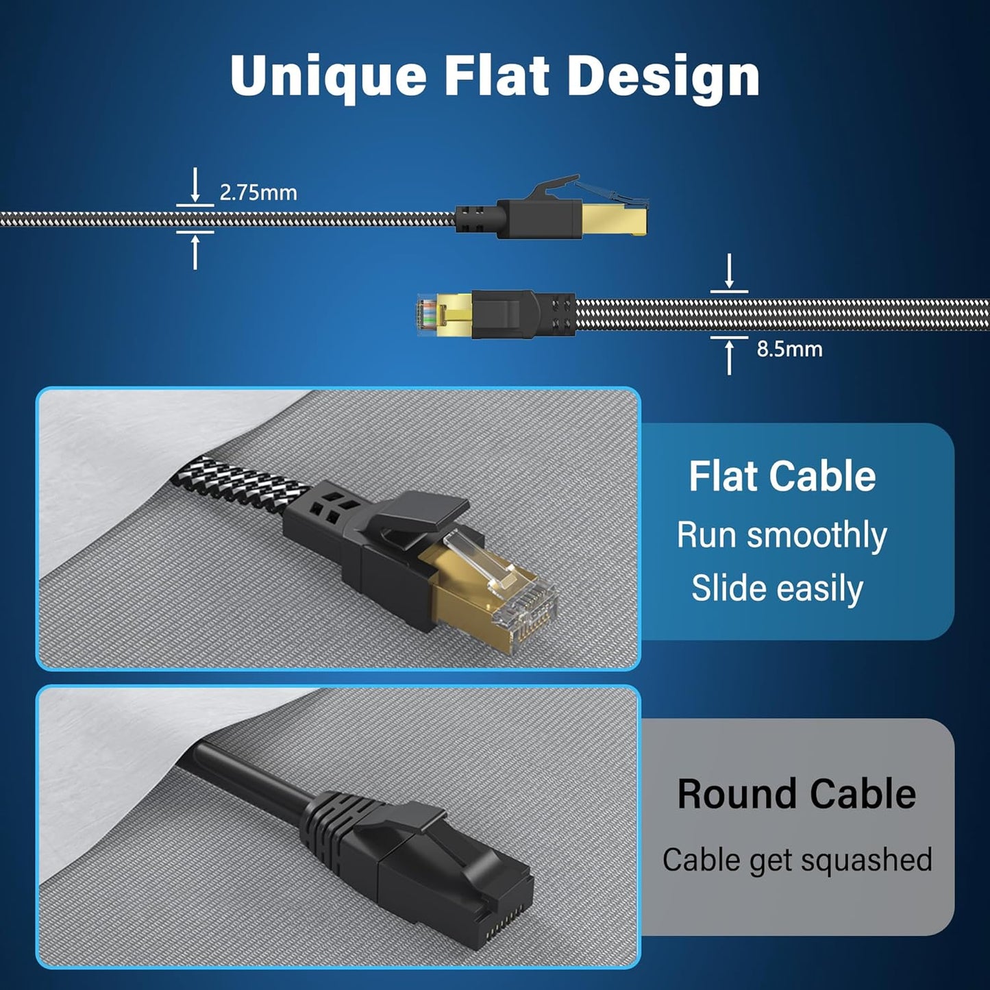 Orbram Cat 8 Ethernet Cable 50 ft, Nylon Braided High Speed Heavy Duty Network LAN Patch Cord, 40Gbps 2000Mhz SFTP RJ45 Flat Internet Cable Shielded in Wall, Indoor&Outdoor for Modem/Router/Gaming/PC