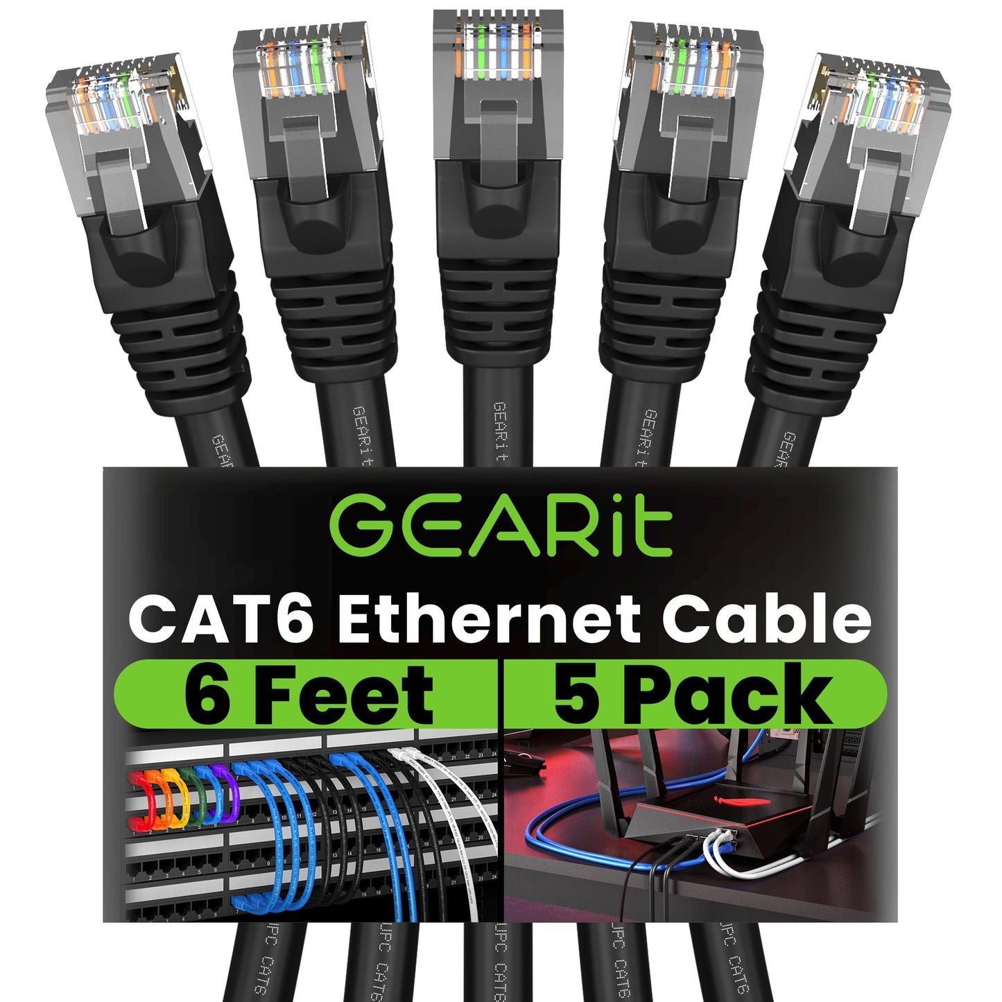 GEARit Cat 6 Ethernet Patch Cable 10 ft Black (10 Pack) Cat6 Patch Cables 10ft Black/Ethernet Patch Cable, 10Gbps 550MHz 24AWG Pure Copper, Snagless, Gold Plated RJ45 for Router, Server, Router, PC