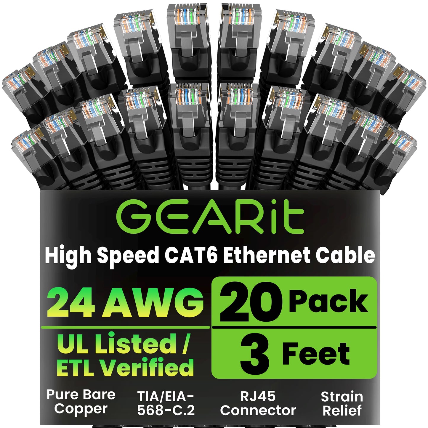 GEARit Cat 6 Ethernet Patch Cable 10 ft Black (10 Pack) Cat6 Patch Cables 10ft Black/Ethernet Patch Cable, 10Gbps 550MHz 24AWG Pure Copper, Snagless, Gold Plated RJ45 for Router, Server, Router, PC