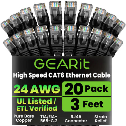 GEARit Cat 6 Ethernet Patch Cable 10 ft Black (10 Pack) Cat6 Patch Cables 10ft Black/Ethernet Patch Cable, 10Gbps 550MHz 24AWG Pure Copper, Snagless, Gold Plated RJ45 for Router, Server, Router, PC