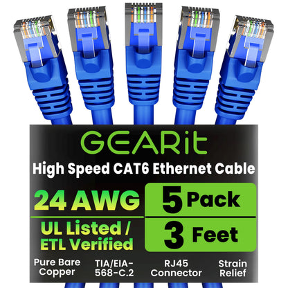 GEARit Cat 6 Ethernet Cable (20-Pack 5 Feet) Cat6 Network Patch, 10Gbps, RJ45, Snagless Cord, Gold-Plated Connectors, Internet for PC, TV, Tablet, Router, Printer, Servers, IT Data Center - Yellow