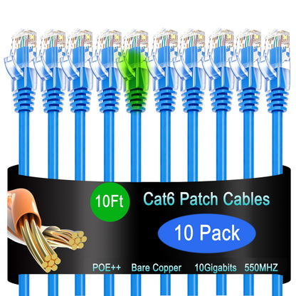 Cat6 Ethernet Patch Cable 6 ft (10 Pack), Cat6 Patch Cable for Data Centers, Cat 6 Patch Cable 10G, Network Patch Cables for Home and Enterprise Network -Black