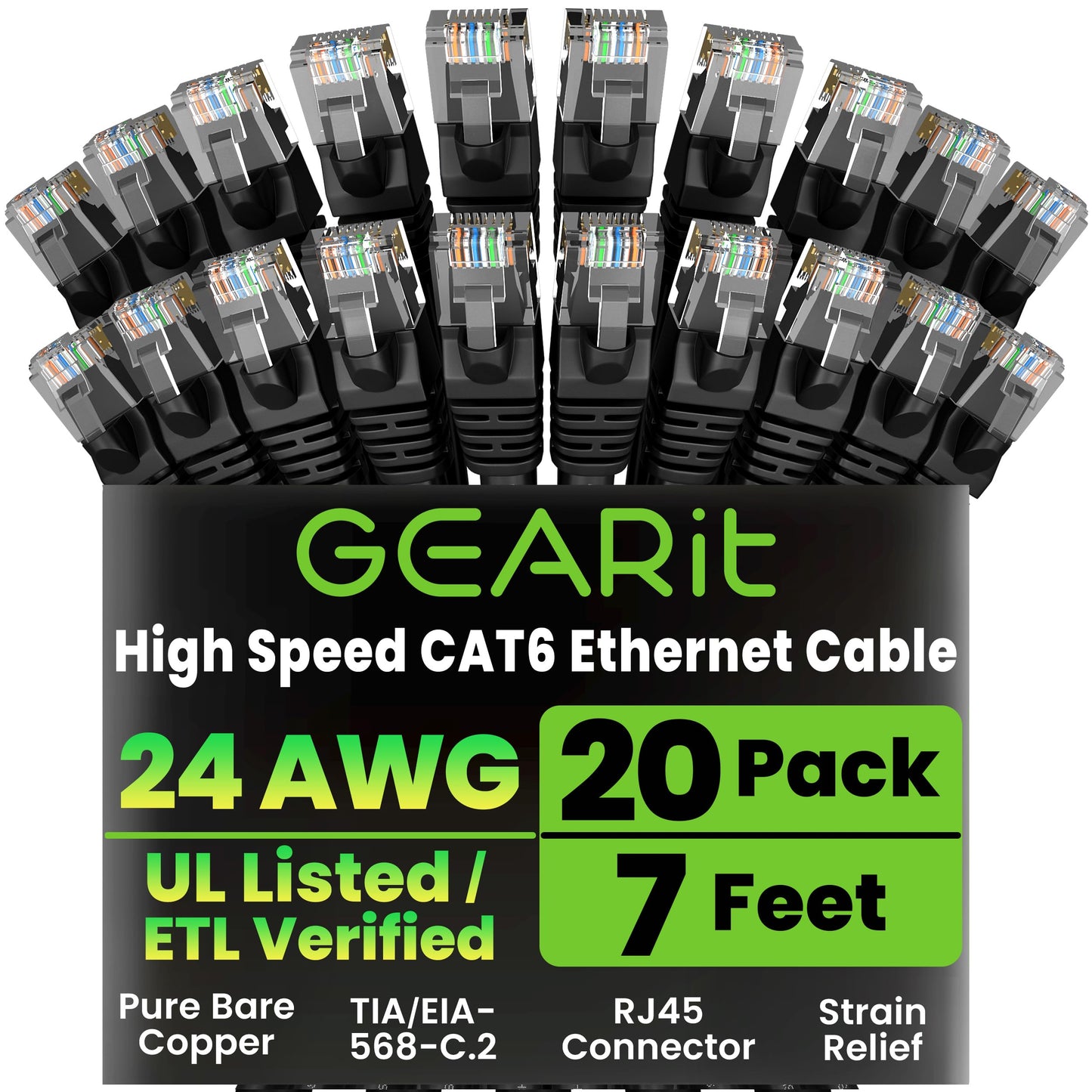 GEARit Cat 6 Ethernet Patch Cable 10 ft Black (10 Pack) Cat6 Patch Cables 10ft Black/Ethernet Patch Cable, 10Gbps 550MHz 24AWG Pure Copper, Snagless, Gold Plated RJ45 for Router, Server, Router, PC