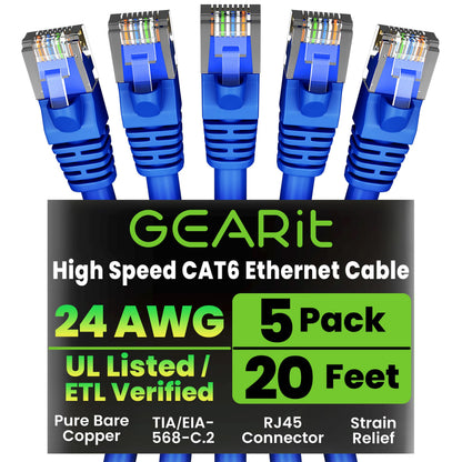GEARit Cat 6 Ethernet Cable (20-Pack 5 Feet) Cat6 Network Patch, 10Gbps, RJ45, Snagless Cord, Gold-Plated Connectors, Internet for PC, TV, Tablet, Router, Printer, Servers, IT Data Center - Yellow