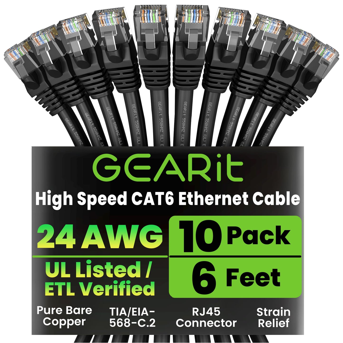 GEARit Cat 6 Ethernet Patch Cable 10 ft Black (10 Pack) Cat6 Patch Cables 10ft Black/Ethernet Patch Cable, 10Gbps 550MHz 24AWG Pure Copper, Snagless, Gold Plated RJ45 for Router, Server, Router, PC