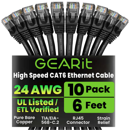 GEARit Cat 6 Ethernet Patch Cable 10 ft Black (10 Pack) Cat6 Patch Cables 10ft Black/Ethernet Patch Cable, 10Gbps 550MHz 24AWG Pure Copper, Snagless, Gold Plated RJ45 for Router, Server, Router, PC