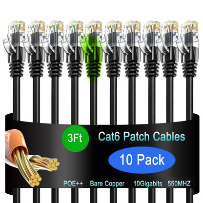 Cat6 Ethernet Patch Cable 6 ft (10 Pack), Cat6 Patch Cable for Data Centers, Cat 6 Patch Cable 10G, Network Patch Cables for Home and Enterprise Network -Black