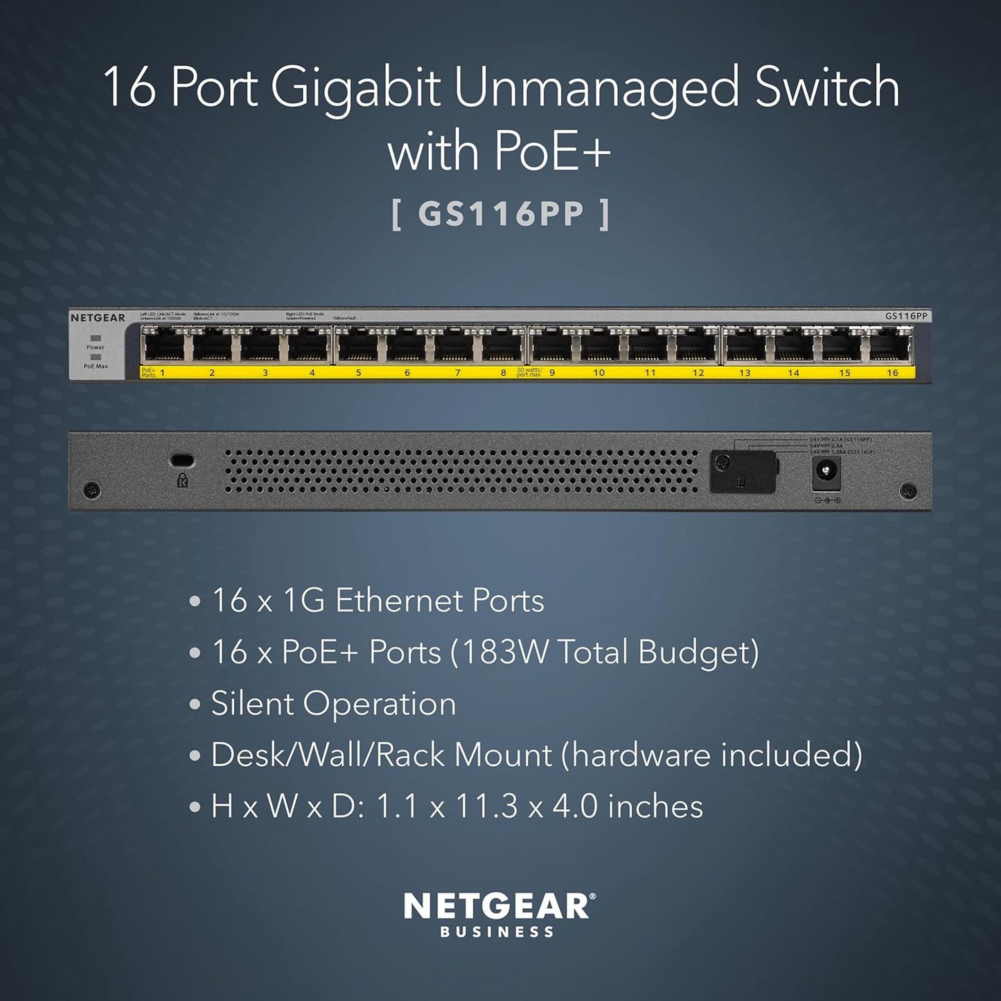 NETGEAR 16-Port Gigabit Ethernet Unmanaged PoE Switch (GS116PP) - with 16 x PoE+ @ 183W, Desktop, Wall Mount or Rackmount