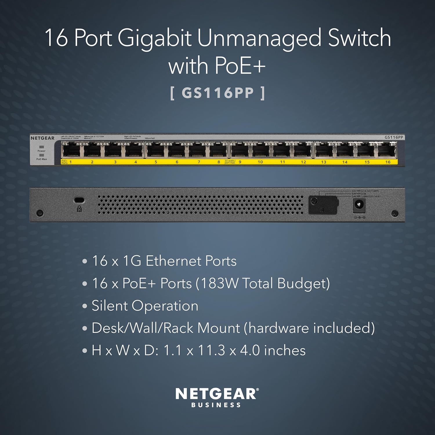 NETGEAR 16-Port Gigabit Ethernet Unmanaged PoE Switch (GS116PP) - with 16 x PoE+ @ 183W, Desktop, Wall Mount or Rackmount