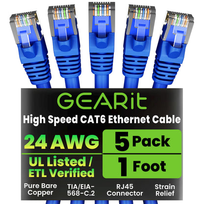 GEARit Cat 6 Ethernet Cable (20-Pack 5 Feet) Cat6 Network Patch, 10Gbps, RJ45, Snagless Cord, Gold-Plated Connectors, Internet for PC, TV, Tablet, Router, Printer, Servers, IT Data Center - Yellow