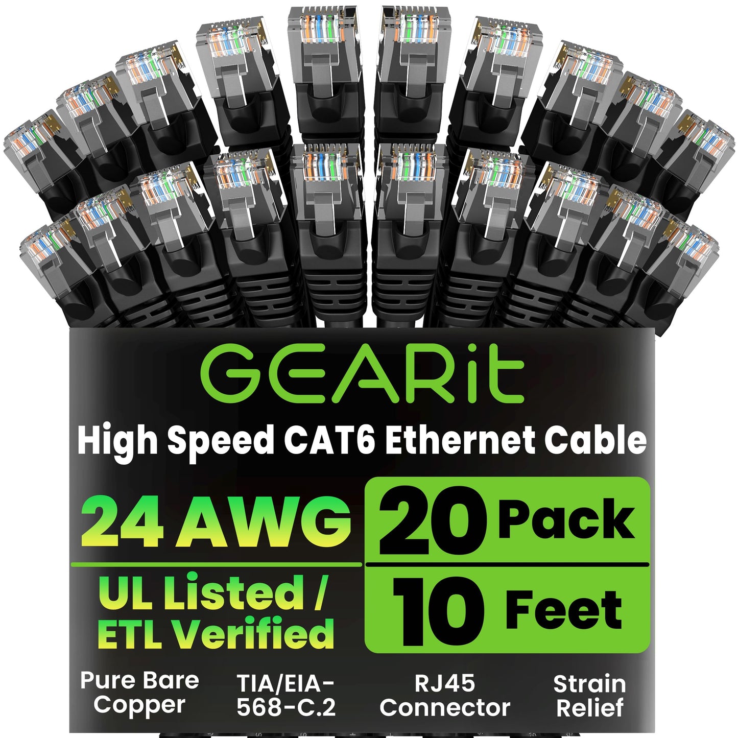 GEARit Cat 6 Ethernet Patch Cable 10 ft Black (10 Pack) Cat6 Patch Cables 10ft Black/Ethernet Patch Cable, 10Gbps 550MHz 24AWG Pure Copper, Snagless, Gold Plated RJ45 for Router, Server, Router, PC