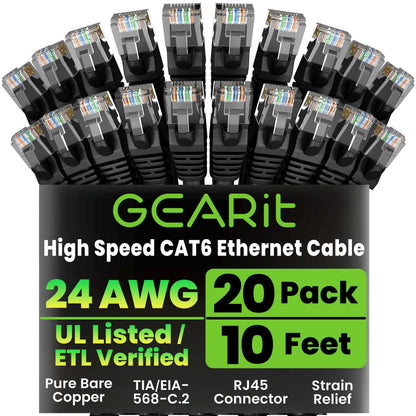 GEARit Cat 6 Ethernet Patch Cable 10 ft Black (10 Pack) Cat6 Patch Cables 10ft Black/Ethernet Patch Cable, 10Gbps 550MHz 24AWG Pure Copper, Snagless, Gold Plated RJ45 for Router, Server, Router, PC