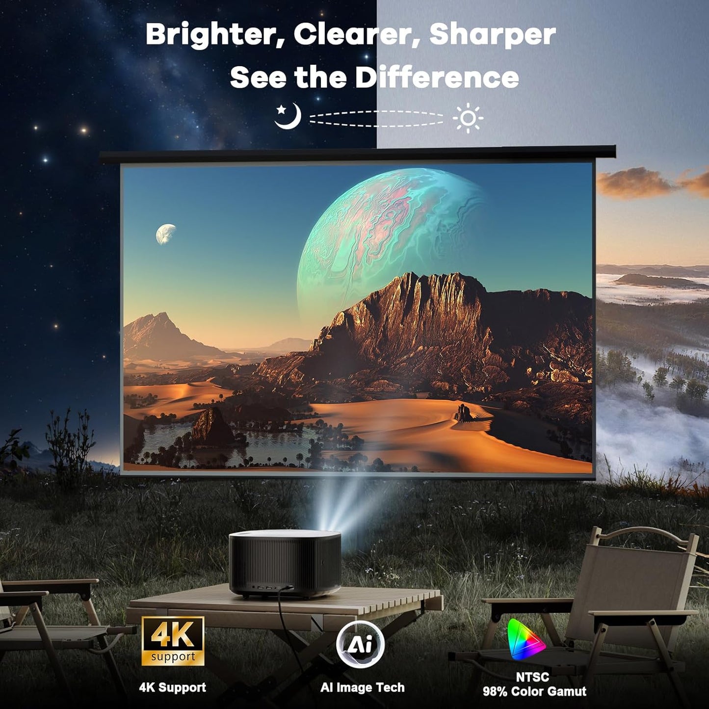 Outdoor-Projector-4K with WiFi and Bluetooth:[Ultra-High Bright/60W Dolby Audio/Official Licensed Apps],Smart-Projector with AI Auto Focus,ONOAYO ONO5Pro 2.0 Movie Projector for Indoor/Outdoor 2026New