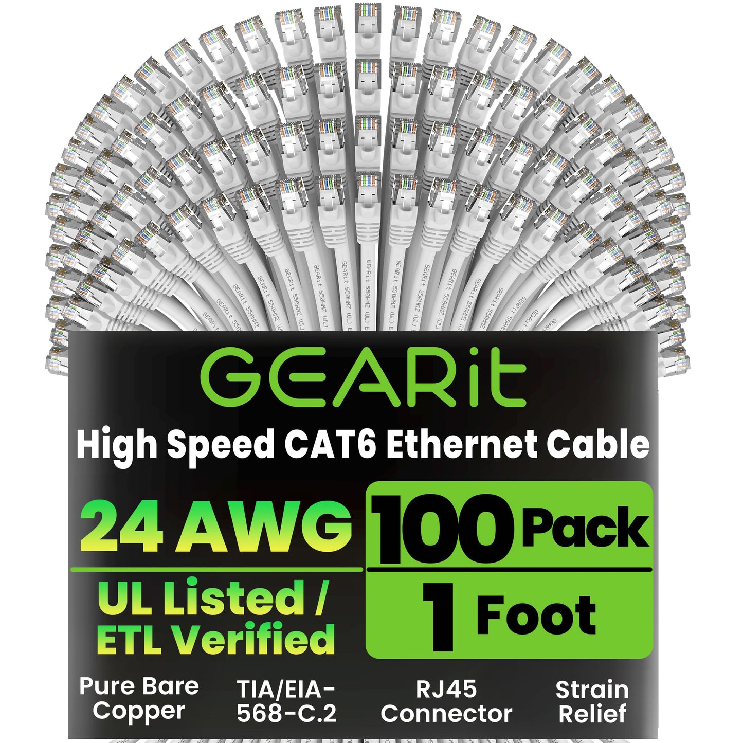GEARit Cat 6 Ethernet Patch Cable 10 ft Black (10 Pack) Cat6 Patch Cables 10ft Black/Ethernet Patch Cable, 10Gbps 550MHz 24AWG Pure Copper, Snagless, Gold Plated RJ45 for Router, Server, Router, PC