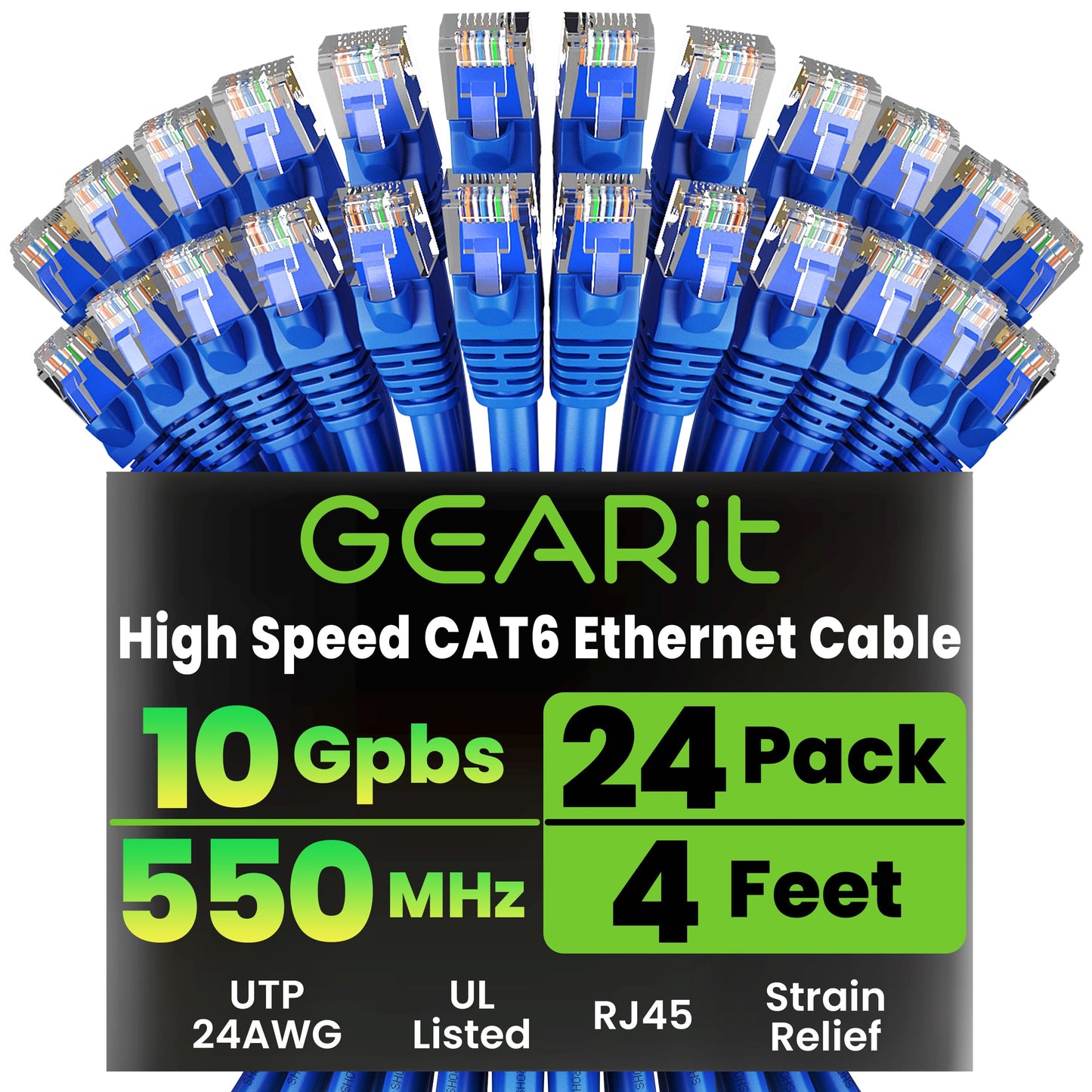 GEARit Cat 6 Ethernet Patch Cables 1 ft Yellow (Cat 6 Ethernet Cables 1 ft 24-Pack), High Speed 24AWG 10Gbps RJ45 Snagless Gold-Plated, Ethernet Cable for Router, Switch, PC, PS5 Gaming, Server