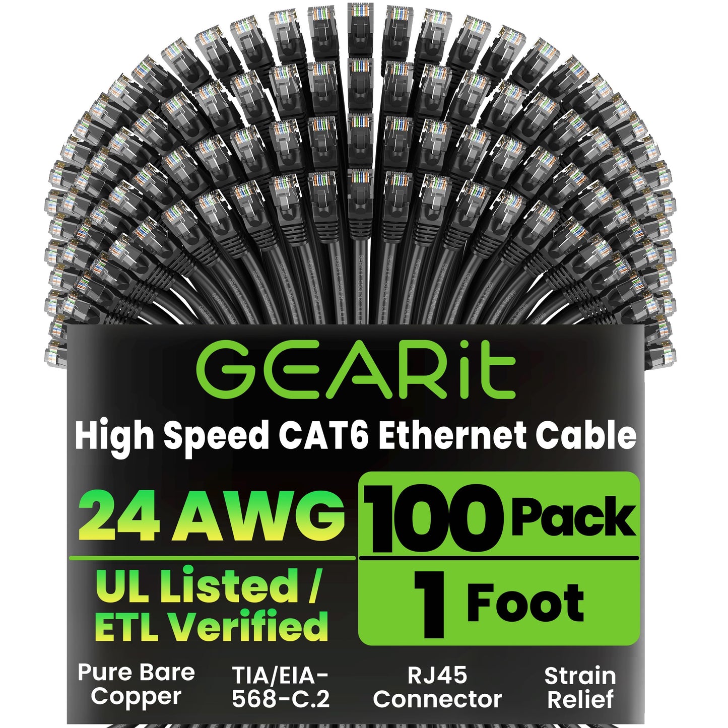 GEARit Cat 6 Ethernet Patch Cable 10 ft Black (10 Pack) Cat6 Patch Cables 10ft Black/Ethernet Patch Cable, 10Gbps 550MHz 24AWG Pure Copper, Snagless, Gold Plated RJ45 for Router, Server, Router, PC