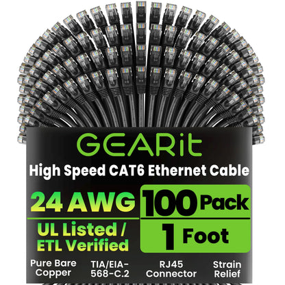 GEARit Cat 6 Ethernet Patch Cable 10 ft Black (10 Pack) Cat6 Patch Cables 10ft Black/Ethernet Patch Cable, 10Gbps 550MHz 24AWG Pure Copper, Snagless, Gold Plated RJ45 for Router, Server, Router, PC