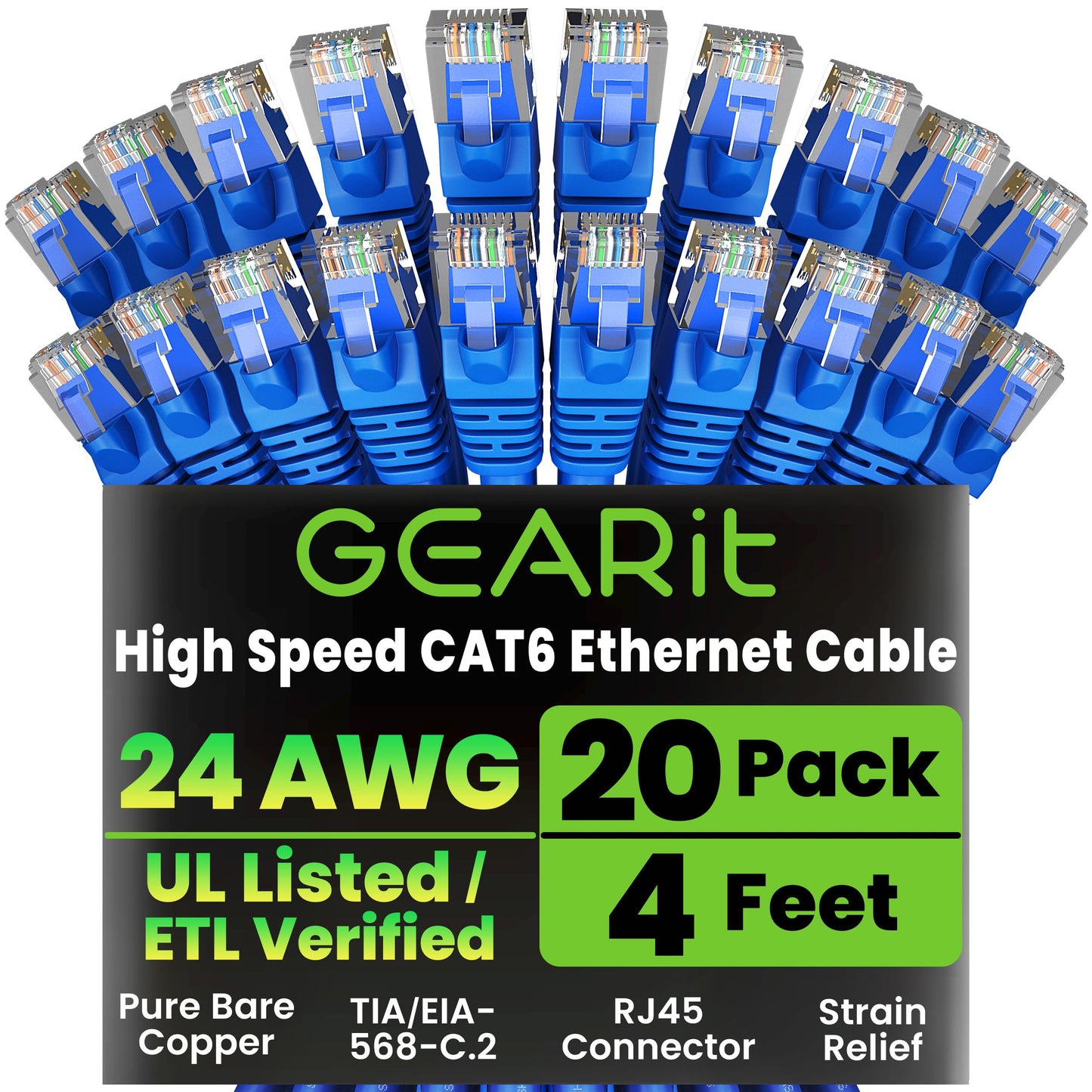 GEARit Cat 6 Ethernet Cable (20-Pack 5 Feet) Cat6 Network Patch, 10Gbps, RJ45, Snagless Cord, Gold-Plated Connectors, Internet for PC, TV, Tablet, Router, Printer, Servers, IT Data Center - Yellow