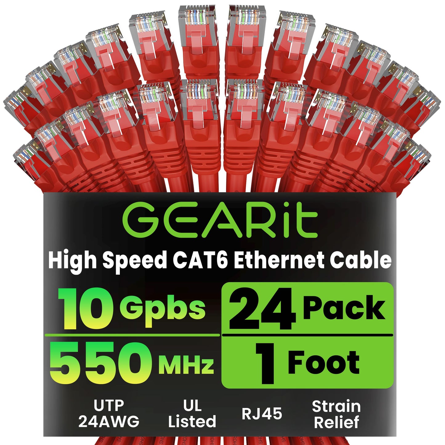 GEARit Cat 6 Ethernet Patch Cables 1 ft Yellow (Cat 6 Ethernet Cables 1 ft 24-Pack), High Speed 24AWG 10Gbps RJ45 Snagless Gold-Plated, Ethernet Cable for Router, Switch, PC, PS5 Gaming, Server