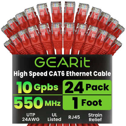 GEARit Cat 6 Ethernet Patch Cables 1 ft Yellow (Cat 6 Ethernet Cables 1 ft 24-Pack), High Speed 24AWG 10Gbps RJ45 Snagless Gold-Plated, Ethernet Cable for Router, Switch, PC, PS5 Gaming, Server