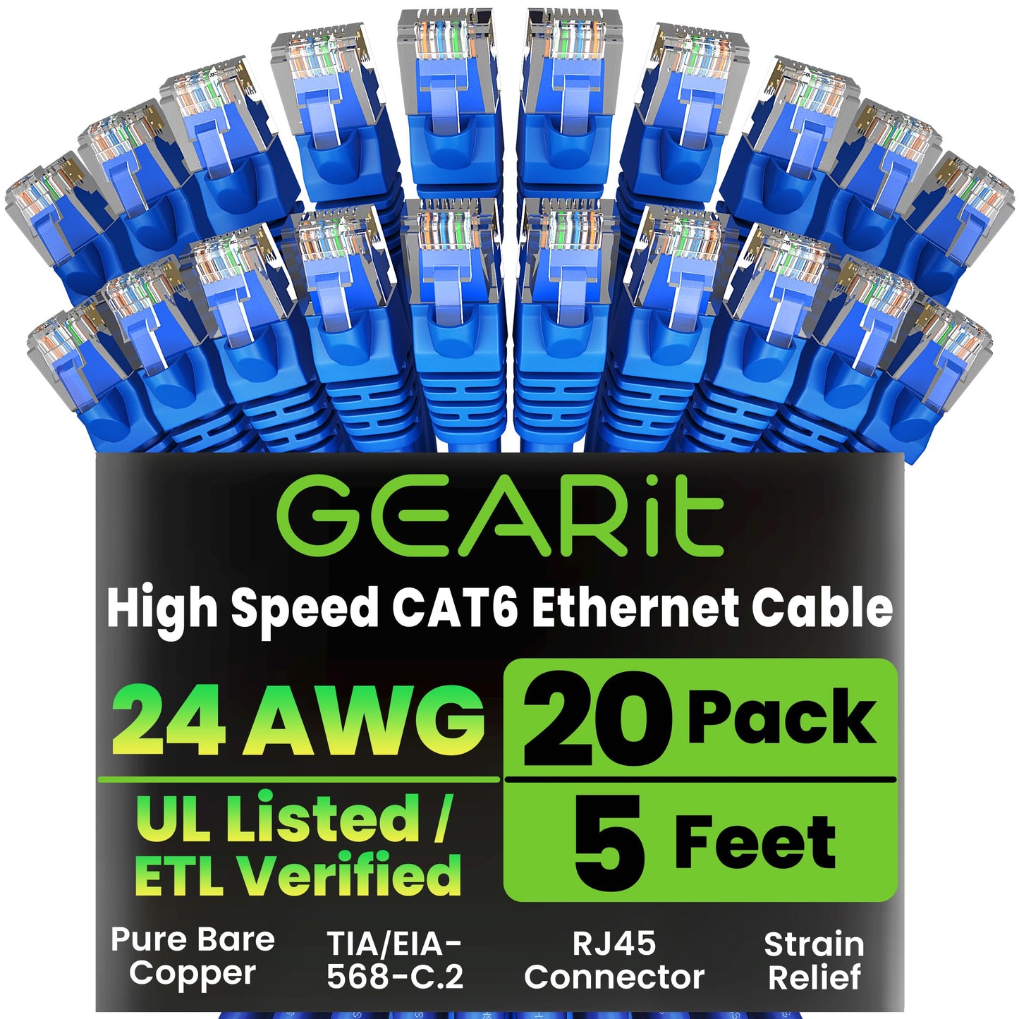 GEARit Cat 6 Ethernet Cable (20-Pack 5 Feet) Cat6 Network Patch, 10Gbps, RJ45, Snagless Cord, Gold-Plated Connectors, Internet for PC, TV, Tablet, Router, Printer, Servers, IT Data Center - Yellow