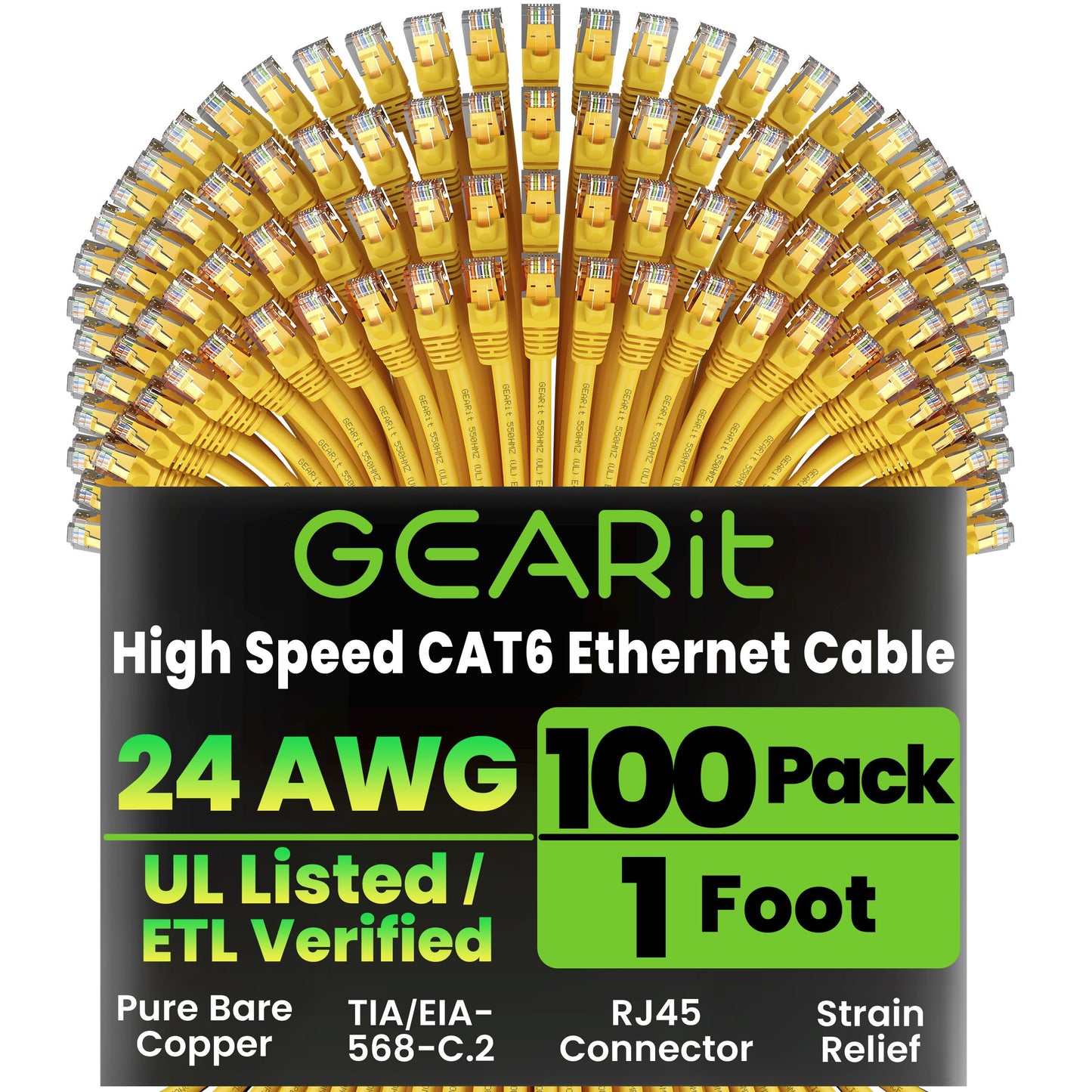 GEARit Cat 6 Ethernet Cable (20-Pack 5 Feet) Cat6 Network Patch, 10Gbps, RJ45, Snagless Cord, Gold-Plated Connectors, Internet for PC, TV, Tablet, Router, Printer, Servers, IT Data Center - Yellow
