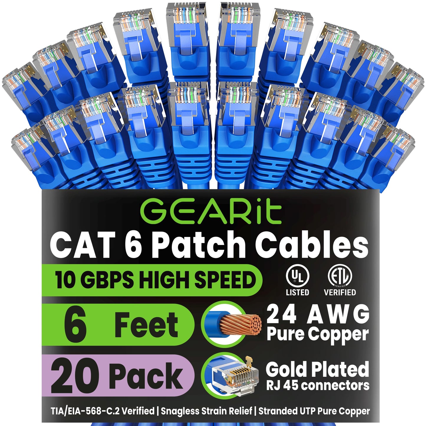 GEARit Cat 6 Ethernet Cable (20-Pack 5 Feet) Cat6 Network Patch, 10Gbps, RJ45, Snagless Cord, Gold-Plated Connectors, Internet for PC, TV, Tablet, Router, Printer, Servers, IT Data Center - Yellow