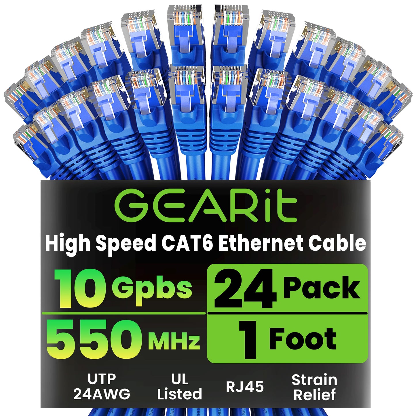 GEARit Cat 6 Ethernet Patch Cables 1 ft Yellow (Cat 6 Ethernet Cables 1 ft 24-Pack), High Speed 24AWG 10Gbps RJ45 Snagless Gold-Plated, Ethernet Cable for Router, Switch, PC, PS5 Gaming, Server