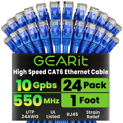 GEARit Cat 6 Ethernet Patch Cables 1 ft Yellow (Cat 6 Ethernet Cables 1 ft 24-Pack), High Speed 24AWG 10Gbps RJ45 Snagless Gold-Plated, Ethernet Cable for Router, Switch, PC, PS5 Gaming, Server