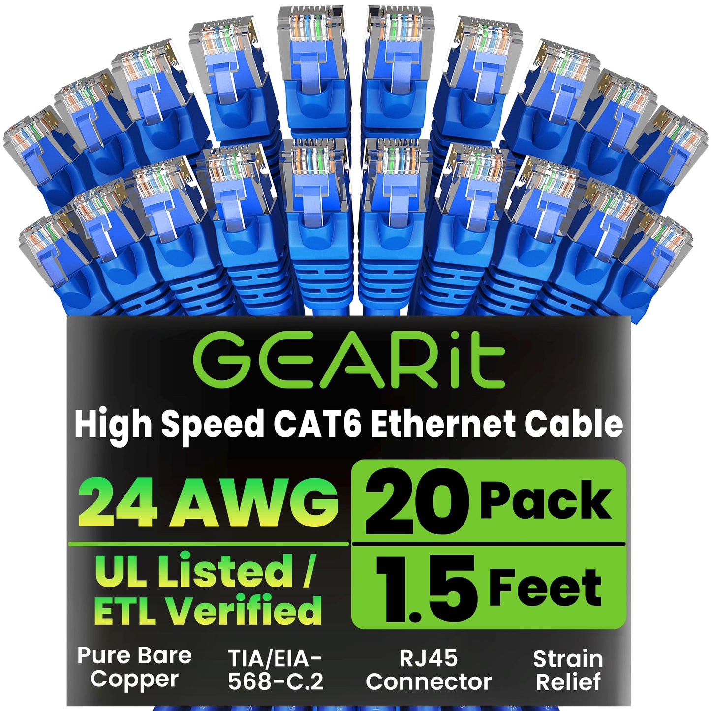 GEARit Cat 6 Ethernet Cable (20-Pack 5 Feet) Cat6 Network Patch, 10Gbps, RJ45, Snagless Cord, Gold-Plated Connectors, Internet for PC, TV, Tablet, Router, Printer, Servers, IT Data Center - Yellow